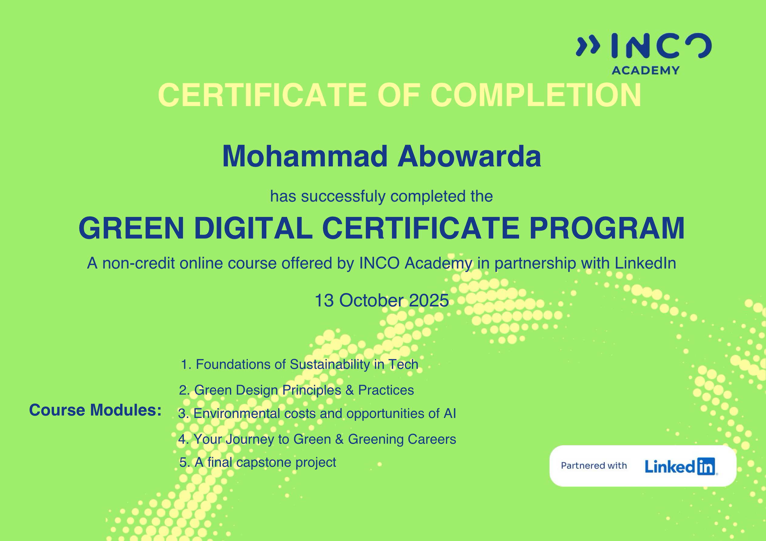Green Digital Certificate (GDC 2025 Cohort) - INCO / EU Green Digital Academy